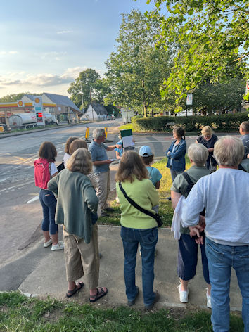 At the Anstey Way/High Street junction, Local History Group walk, 29 June 2023. Photo: Janelle Robbins.