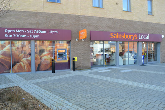 The square in front of Trumpington Meadows Primary School on Osprey Drive, with the Sainsbury's Local store. Photo: Andrew Roberts, 24 February 2019.