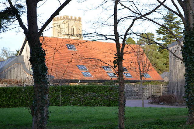 Looking from Bead Road to Anstey Hall Barns and the church tower. Photo: Andrew Roberts, 1 February 2024.