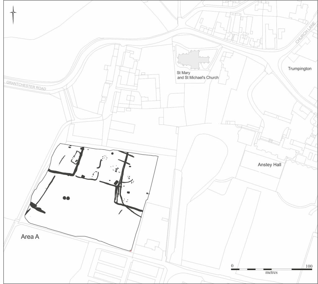 Saxon features in excavation Area A, overlaid on a map of the village centre, Trumpington Meadows excavation. Figure 5.1 in Riversides, page 308. Cambridge Archaeological Unit.