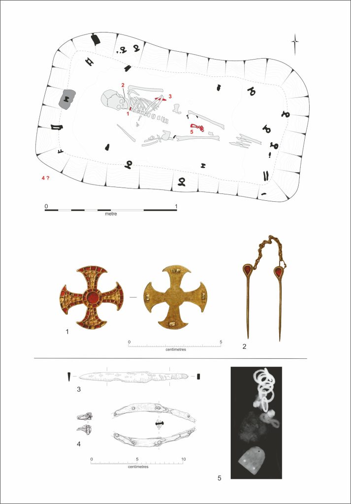 Burial 1, plan and finds, Trumpington Meadows excavation. Cambridge Archaeological Unit.