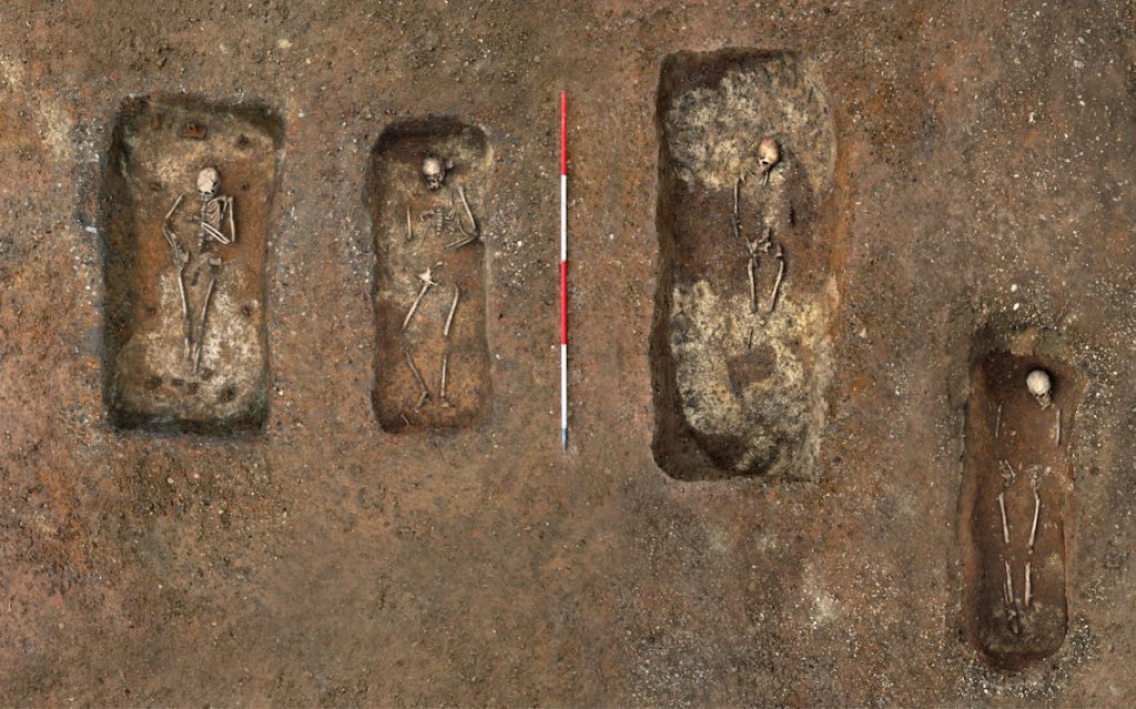 Composite photograph of the four burials found during the Trumpington Meadows excavation. Figure 5.3 in Riversides, page 310. Cambridge Archaeological Unit.