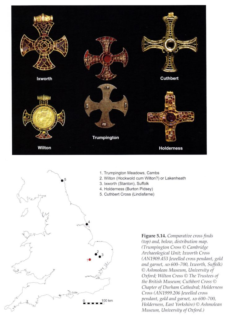 Illustrations of the Trumpington Cross and comparable examples, with distribution map. Figure 5.14 in Riversides, page 328. Cambridge Archaeological Unit.