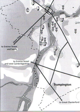 Extract from map of Prehistoric, Roman and early Anglo-Saxon sites in Cambridge, in Alison Taylor (1999), Cambridge: the Hidden History, p. 24.
