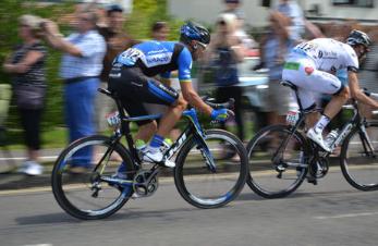 The breakaway pair of riders on Shelford Road, Jan Barta and Jean-Marc Bideau. Photo: Andrew Roberts, 7 July 2014.
