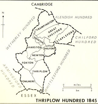 Map of the parishes within Thriplow Hundred, 1845. The Victoria History of the Counties of England (1982). A History of Cambridgeshire and the Isle of Ely, Volume VIII. Armingford and Thriplow Hundreds, page 153.