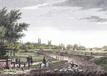 R.B. Harraden (1809), 'Cambridge from the London road', looking from the Stone Bridge and the first milestone to Coe Fen and the road into Cambridge, Cantabrigia Depicta (stop 7).