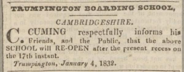 Advert for Trumpington Boarding School in the Huntingdon, Bedford and Peterborough Gazette, 1832 (stop 5).