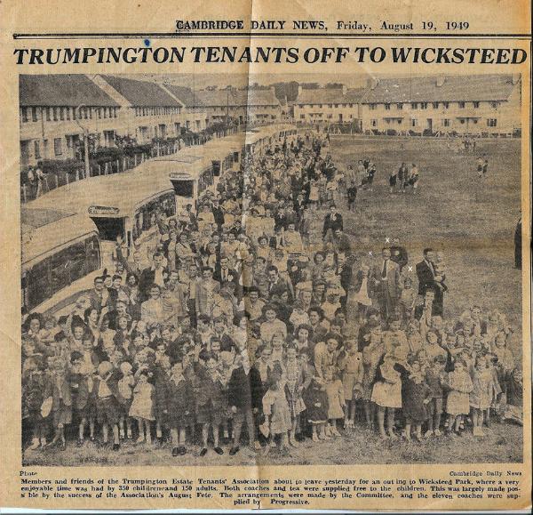 Trumpington residents gathering beside the future playing field for a day trip to Wicksteed Park, August 1949. Val Burden (stop 13).
