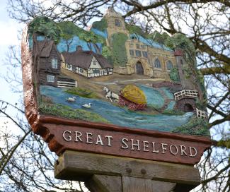 Great Shelford village sign, erected to commemorate the Silver Jubilee of the Queen, 1977, April 2013. Andrew Roberts (stop 8).