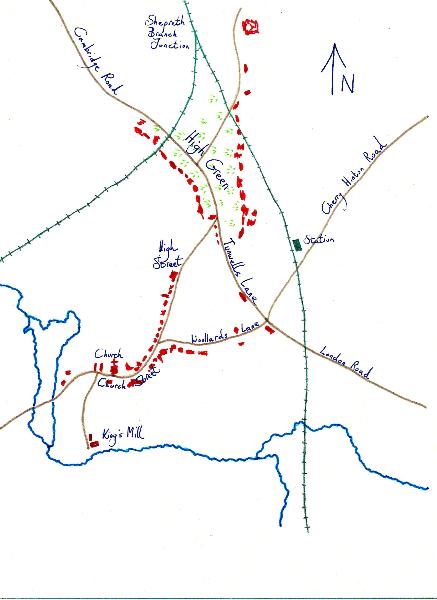 Sketch map of the village in the mid 19th century, showing two centres. Helen Harwood.