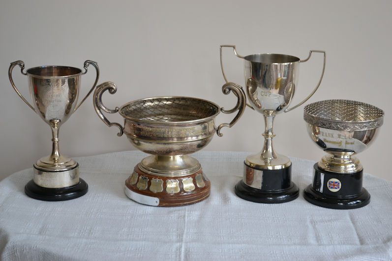 Trumpington Horticultural Society (Trumpington Gardening Society (TruGS)) cups: Jescot Perpetual; Sidney Freestone Memorial Challenge Trophy; Instant Bio; Frank W. Laver Memorial Bowl. Photo: Andrew Roberts, 4 May 2022.