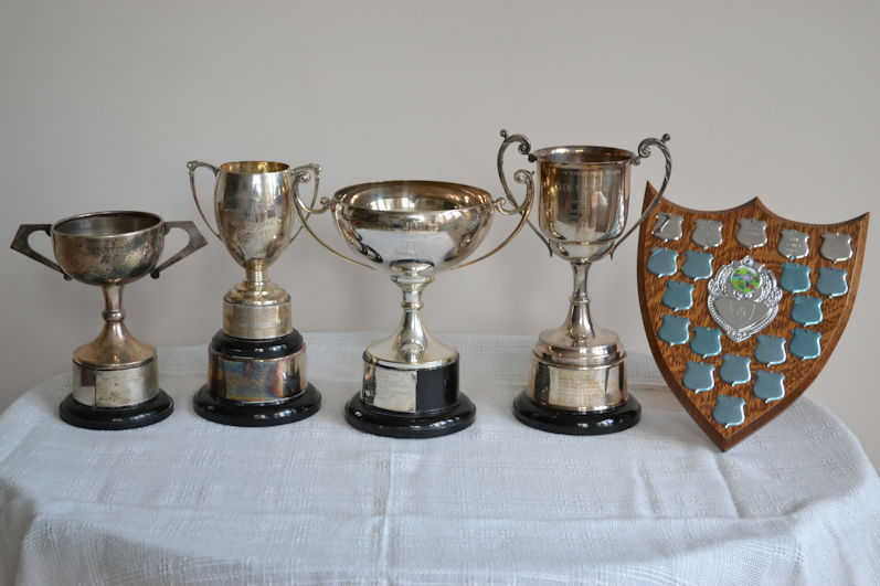 Trumpington Horticultural Society (Trumpington Gardening Society (TruGS)) cups: Fred Morris; Loveday Challenge; Cornwall Challenge; Eileen Norman; Children’s Shield. Photo: Andrew Roberts, 4 May 2022.