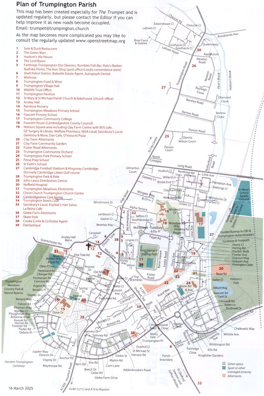 Map of Trumpington parish, March 2025. From The Trumpet, June-July 2025 (Sheila Betts, Editor, The Trumpet).