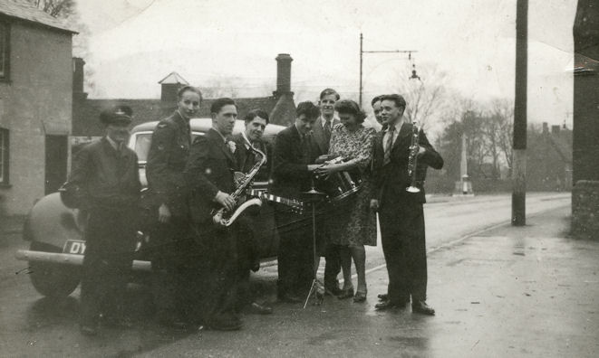 The band outside the Village hall at the wedding of Mabel and Percy Seeby, 18 November 1944.