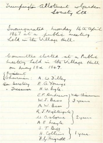Minute book and register of Trumpington Allotment Society, 1947.