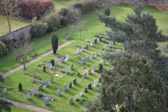 Looking from Trumpington church tower south east over the churchyard. Photo: Andrew Roberts, April 2012.