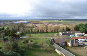 Looking from Trumpington church tower south over the outbuildings of Anstey Hall Farm and the area excavated in 2015, prior to the development of Trumpington Meadows. Photo: Andrew Roberts, 7 April 2012.
