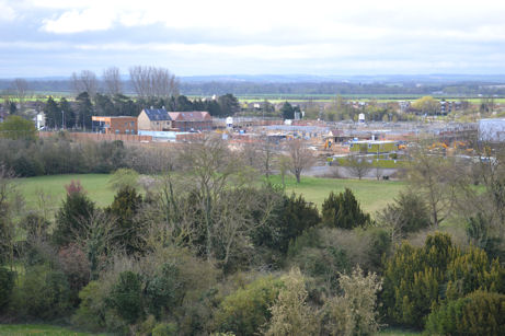 Looking from Trumpington church tower over the grounds of Anstey Hall to the first homes in the Trumpington Meadows development off Hauxton Road, towards Great Shelford. Photo: Andrew Roberts, 7 April 2012.