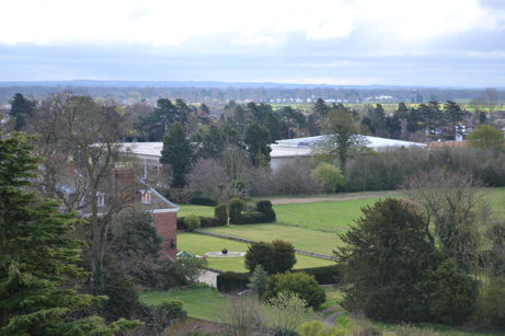 Looking from Trumpington church tower south east over Anstey Hall and its grounds, to Waitrose, towards Great Shelford. Photo: Andrew Roberts, 7 April 2012.