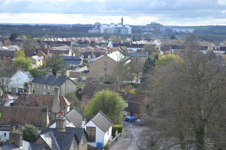 Looking from Trumpington church tower east across Church Lane towards Whitlock’s and the estate, with the Medical Research Council Laboratory of Molecular Biology (LMB) building and Addenbrooke’s Hospital. Photo: Andrew Roberts, 7 April 2012.