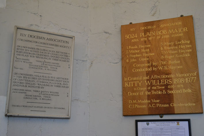 Plaques commemorating bell ringing including in memory of Kitty Willers, Trumpington Church. Photo: Andrew Roberts, 7 April 2012.