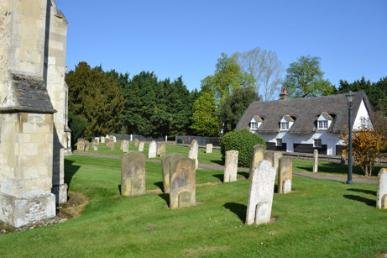 The churchyard, looking towards Grantchester Road and the drive to Trumpington Hall. Photo: Andrew Roberts, 9 April 2011.