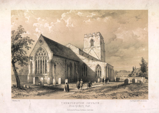 Trumpington Church from the North East, 1840s. Included in Cambridge Camden Society (1845). Churches of Cambridgeshire and the Isle of Ely. Cambridgeshire Collection.