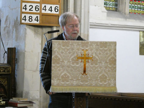 David Newcombe speaking at the Local History Group meeting in Trumpington Church. Photo: Andrew Roberts, 7 May 2026.