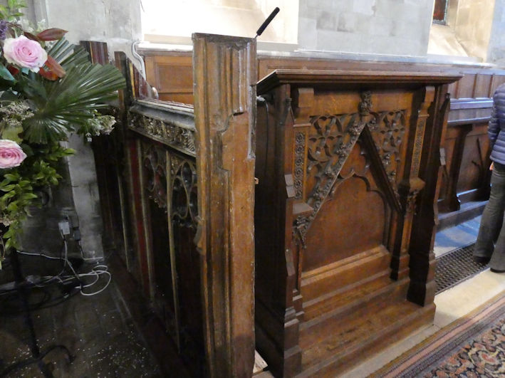 The left-hand side of the remaining rood screen, Trumpington Church. Photo: Andrew Roberts, 7 May 2026.