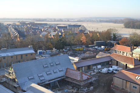 Looking from Trumpington church tower over new homes at Anstey Hall Farm and Trumpington Meadows, towards Trumpington Meadows Country Park. Photo: Andrew Roberts, 30 November 2016.