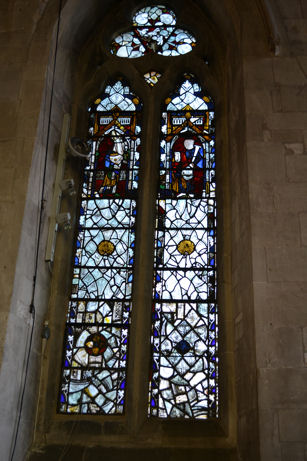 The window on the north side of Chancel behind the vicar’s stall, including Medieval glass, Trumpington Church. Photo: Andrew Roberts, October 2011.