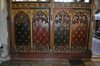 The left side of the surviving lower part of the screen, Trumpington Church. Photo: Andrew Roberts, October 2011.