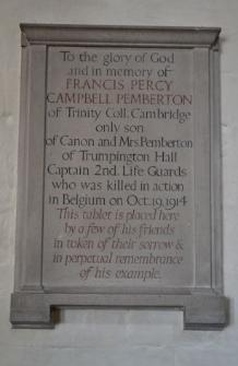 Tablet to Francis Percy Campbell Pemberton (d. 1914), inscription by Eric Gill, in the North Chapel, Trumpington Church, 18 October 2011.