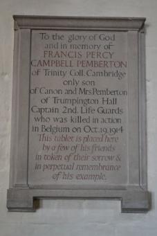 Tablet to Francis Percy Campbell Pemberton (d. 1914), inscription by Eric Gill, in the North Chapel, Trumpington Church. Photo: Andrew Roberts, 18 October 2011.
