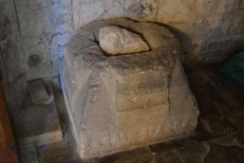 The stone base of the former village cross, known as the Stokton Cross, Trumpington Church. Photo: Andrew Roberts, October 2011.
