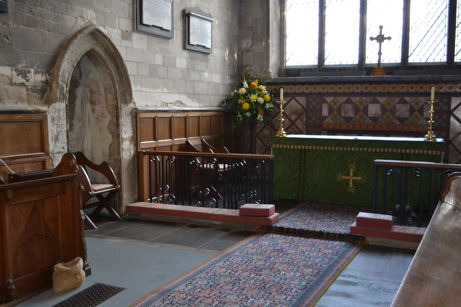 The Chancel, sanctuary and blocked-up door to the former Sacristry, Trumpington Church. Photo: Andrew Roberts, October 2011.
