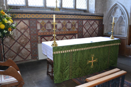 The sanctuary and communion table, with a double piscina on the south wall, Trumpington Church. Photo: Andrew Roberts, October 2011.