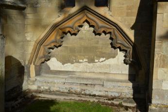 A tomb canopy, possibly to an early member of the Trumpington family, on the external south wall of the Chancel, Trumpington Church. Photo: Andrew Roberts, October 2011.