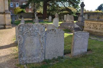 Headstones to John Hailes, d. 1756, and other members of the Hailes family, near the south porch, Trumpington Church. Photo: Andrew Roberts, October 2011.
