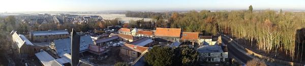 Panorama from Trumpington church tower over new homes at Anstey Hall Farm and Trumpington Meadows, towards Trumpington Meadows Country Park and the grounds of Trumpington Hall. Photo: Andrew Roberts, 30 November 2016.