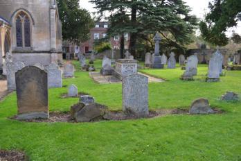 The Cumins family headstones, in line with the south west corner of the church, with the Foster and Pemberton memorials in the background (entry 14, 16 and 19). Photo: Andrew Roberts, 27 October 2013.