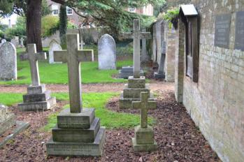 The Peile and Kempthorne family crosses, near the path near the boundary wall, with the Willers family headstone to the rear (entry 20, 21, 22). Photo: Andrew Roberts, 27 October 2013.