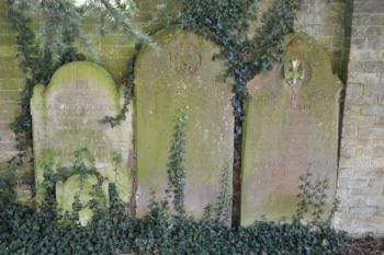 The Kefford, Forbes and Pamplin family headstones against the boundary wall, to the left of the entrance into the churchyard extension (entry 24, 23, 22). Photo: Andrew Roberts, 27 October 2013.