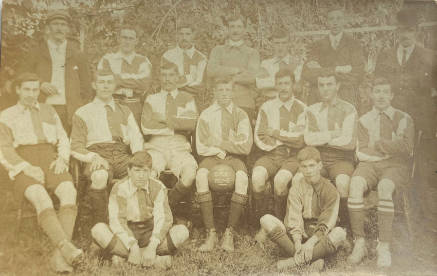 Postcard showing the members of Trumpington Football Club team, 1905-06 season. Source: Tony Davies.