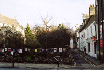 The churchyard of St Botolph’s Church and Botolph Lane from Trumpington Street, the approximate location of the Medieval ‘Trumpington Gate’ and King’s Ditch. Photo: Andrew Roberts, January 2011.