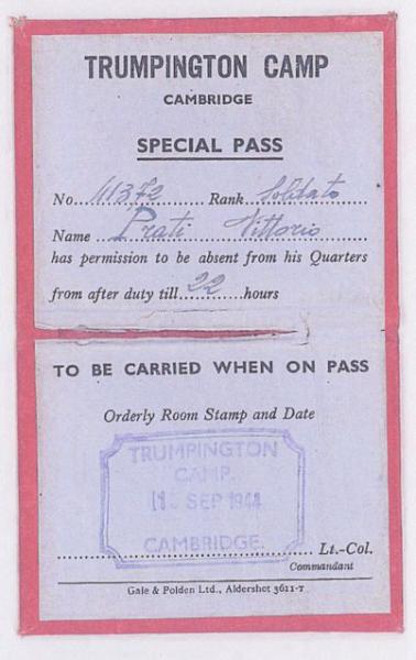 Camp pass giving permission for Vittorio Prati, number 41372, to be absent from Trumpington Camp, after duty until 22 hours, 15 September 1944. Source: Cristina Prati, 2013.