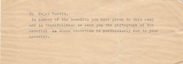 Note associated with the photograph of an altar, thought to be at the Trumpington PoW Camp, Camp 45, in 1942. Source: Angela Walker and Ian Hollingsbee.