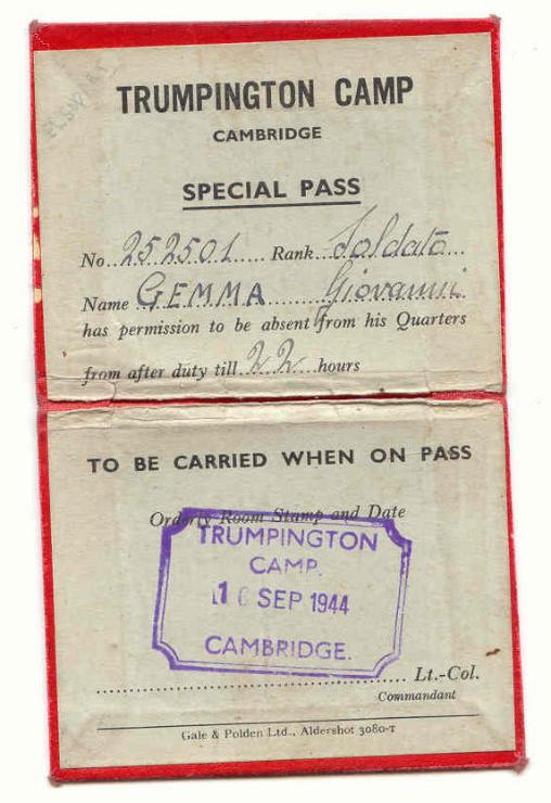 Camp pass giving permission for Giovanni Gemma, number 252501, to be absent from Trumpington Prisoner of War Camp, 10 September 1944. Source: R. Morelli, 2010.
