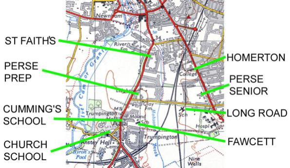 Schools in Trumpington up to 2010. 1950s Ordnance Survey map, annotated by Howard Slatter, April 2010.